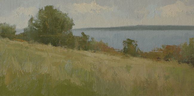 An oil painting of tress at the cliff edge in Discovery Park by artist Simon Bland