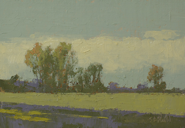 a painting of trees on a farm by artist Simon Bland