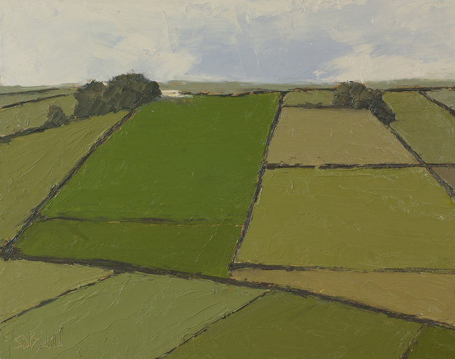 Yorkshire fields and dry stone walls in an oil painting by artist Simon Bland.