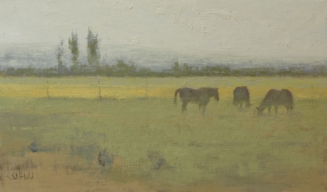 An oil painting of horses in the landscape by artist Simon Bland