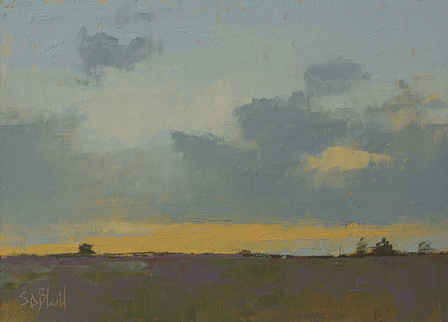 a painting of clouds at sunset by artist Simon Bland