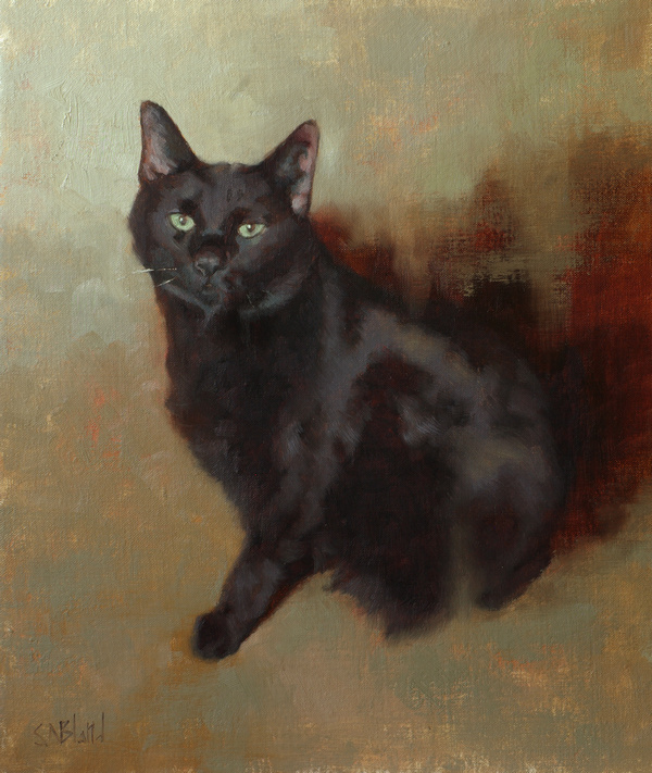 Oil portrait of a black cat by artist Simon Bland