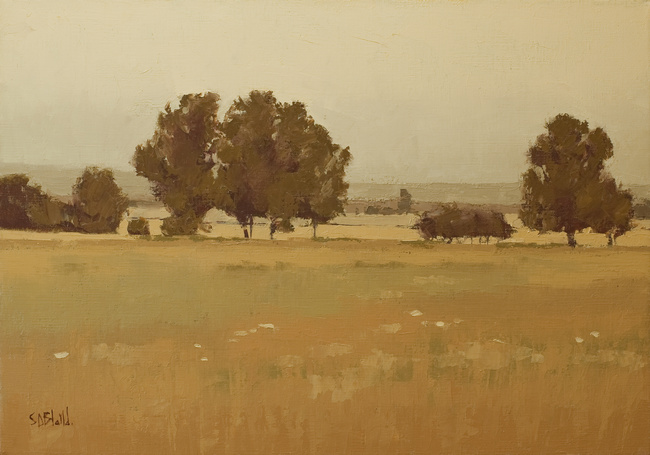 This landscape painting of Meadow Grove farm uses an analogous color palette.