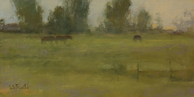 The bottom three quarters of this oil painting is a large green field. There are a few loosely painted trees on the horizon and three bay horses in the middle ground.