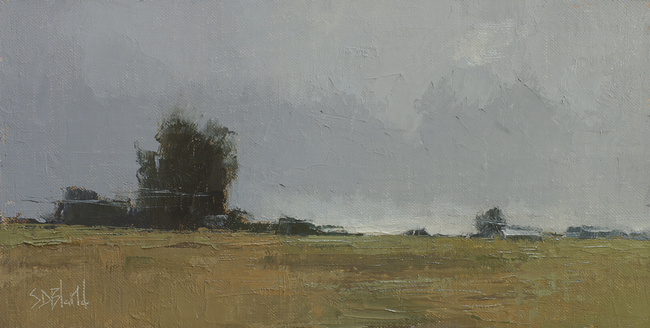 An oil painting of open fields with an earth color palette by artist Simon Bland