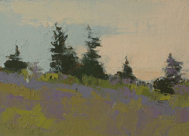 an oil painting of pines trees against a purple foreground by artist Simon Bland