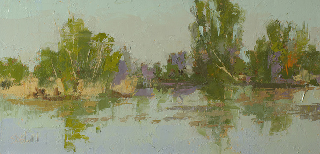 A plein air oil painting of the ponds at Washington Park Arboretum by artist Simon Bland