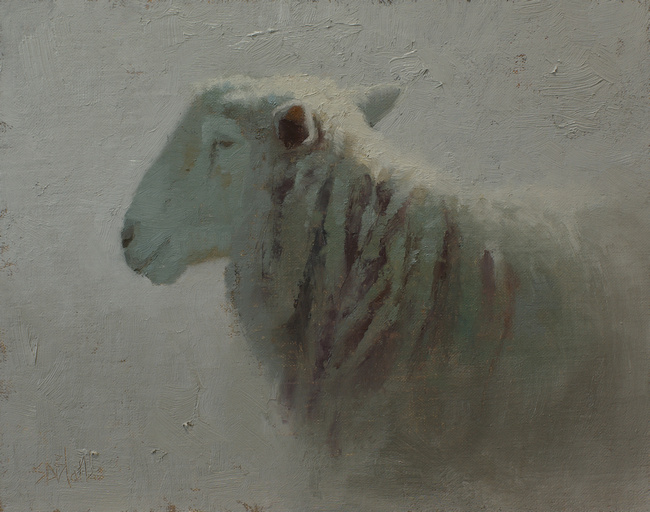 An oil painting of a sheep in gray light