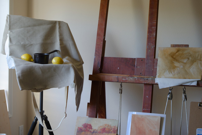 A still life set up in the painting studio