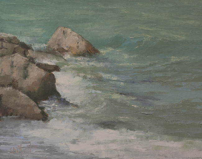 An oil painting of waves on Puget Sound by artist Simon Bland