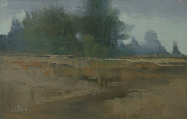 An oil sketch of masses of dark trees in the distance with a broken brown and ochre foreground. The dark trees have been glazed to create atmospheric effects.