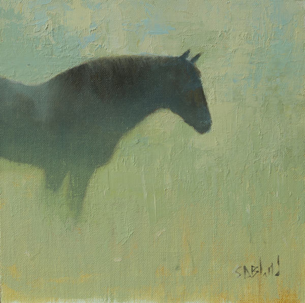 Oil painting of a dark horse with abstract background in light greens and yellows