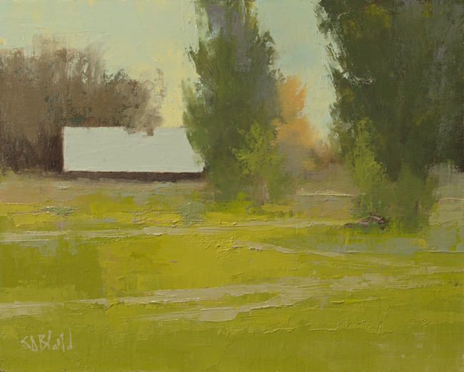 Oil painting of a shed in a green landscape