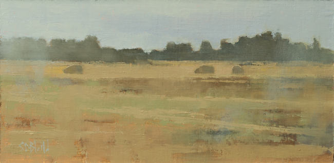 An oil painting of sheep grazing in a fall landscape