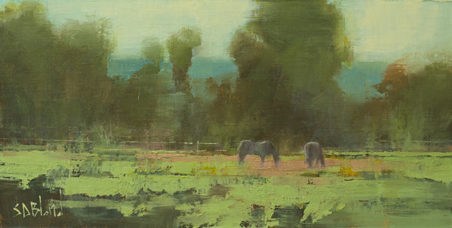 Abstract impressionistic oil painting of horses grazing