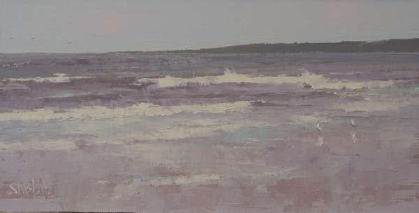 An oil painting of a beach on Puget Sound with crashing waves and gulls in the foreground