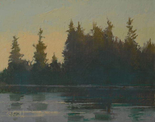 An oil painting of the Pacific Northwest coast which show sunset light catching the tops of pine trees at the edge of the water.