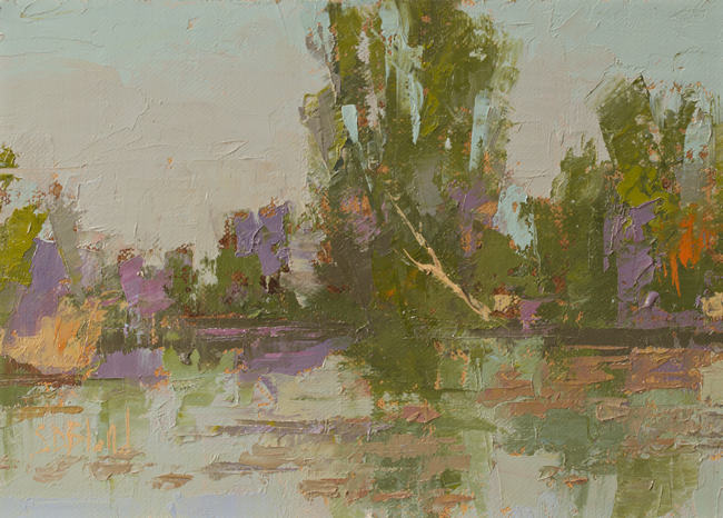 A loose and semi-abstract oil painting of trees by the side of a pond. The trees are rendered in an impressionistic manner.