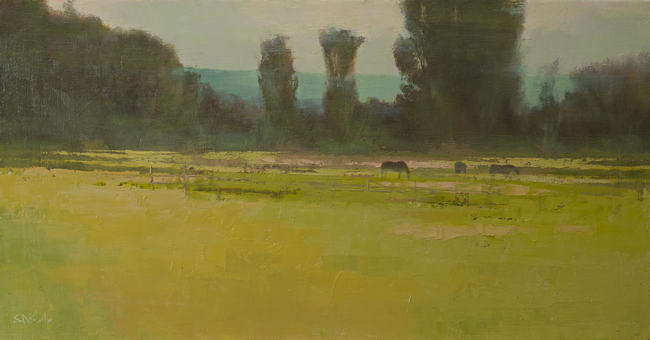 Oil painting of horses grazing in a summer meadow against a backdrop of dark trees