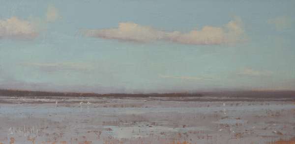 An oil painting of the beach at low tide with a few clouds in a blue green sky