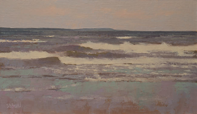 An oil painting of surf, waves breaking on the beach