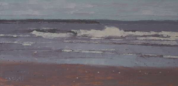 An oil painting of a beach on Puget Sound with crashing waves