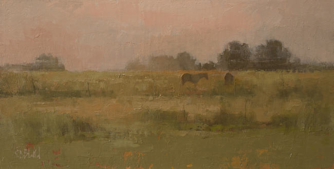 OIl painting of horses in an open field with a warm gray sky.