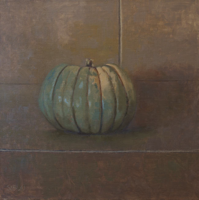 An oil painting of a blue doll pumpkin in natural light in a flat brown setting.