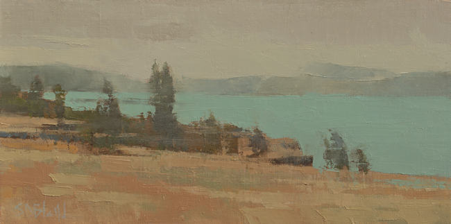 A landscape oil painting of the Columbia River in Oregon.