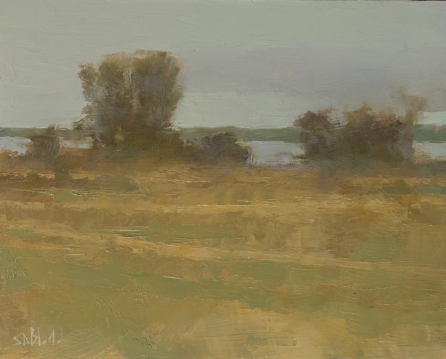 An oil painting of a few trees in browns and greens with a sun-dried grass foreground. There is a view of the water immediately behind and a view across to the distant islands.