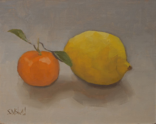 An oil painting of a mandarin and a lemon sitting side-by-side.