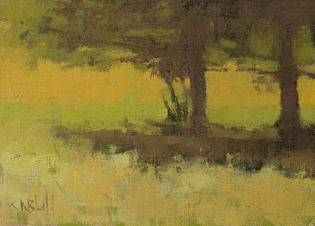 An oil painting of brown trees silhouetted against yellow grasses.