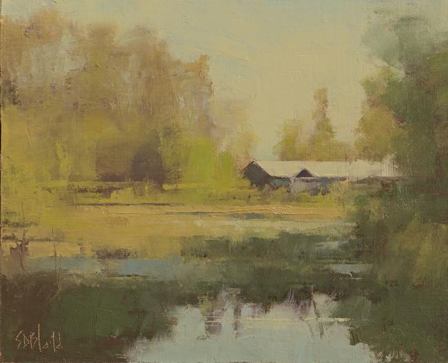 This oil painting in analogous colors shows some barns on the right side, with yellow trees to the left. The foreground is a marshy area with some open water in the bottom of the painting.