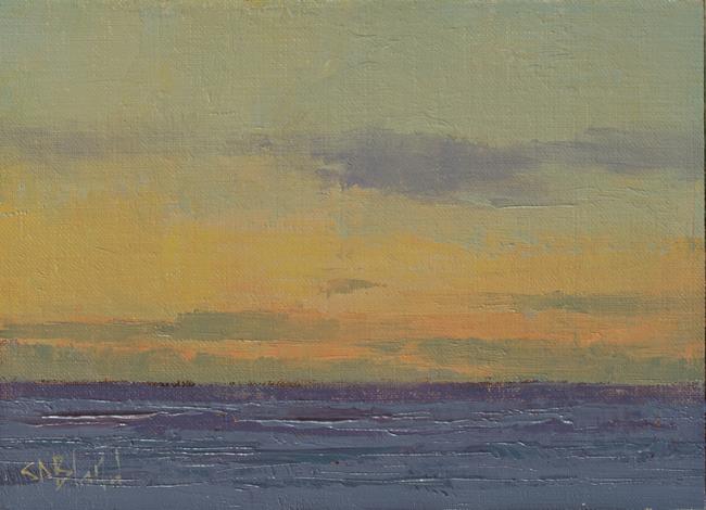 An oil painting of sunset with a dull orange sky dotted with a few clouds over a dark ocean.