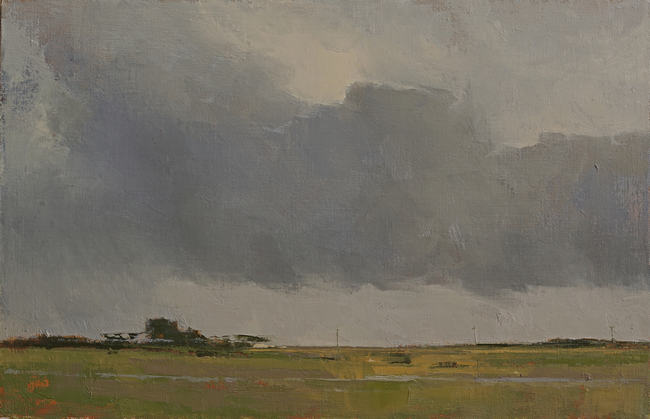 A dark cloud stretches across the whole width of this landscape's sky and dominates the entire picture of a field on the prairie.