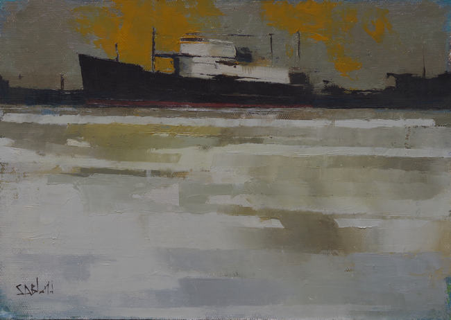 An oil painting of a ship silhouetted against an orange and gray sky. The water in the bottom two thirds of the picture is rendered with a painting knife in blocks of gray, blue and orange.