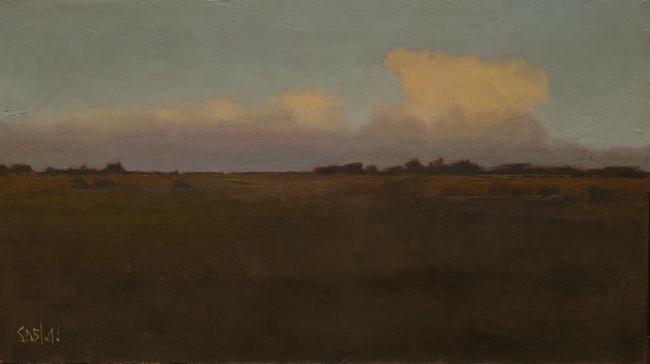 A tonal landscape painting of a solitary white rising cloud at sunset. The horizon bisects the picture and the land is rendered as a dark, flat featureless monolith.