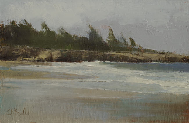 An oil painting of the northwest coast of Maui by artist Simon Bland. The scene in painted in grayed-out colors.