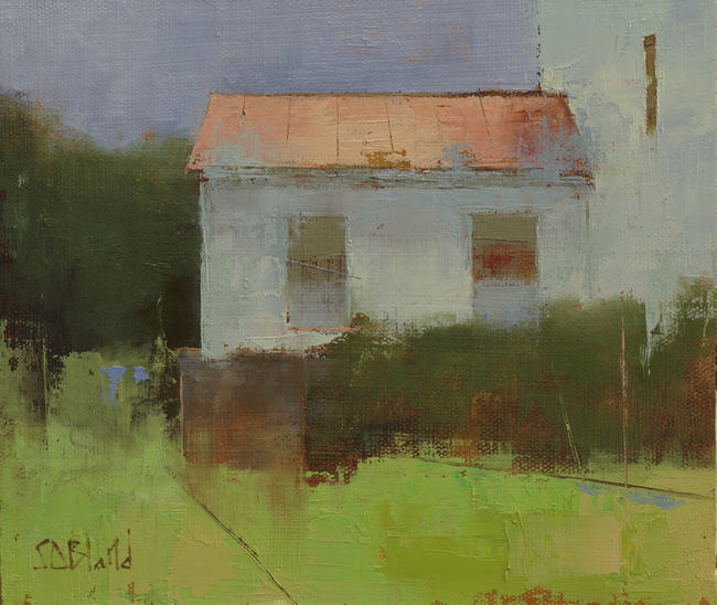 An oil painting of part of a white farm by artist Simmon Bland. The painting uses a bright palette and some abstraction to simplify the picture.