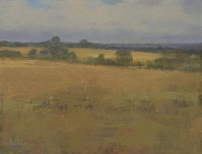 An oil painting of autumn fields. They have a golden-brown color reminiscent of wheat fields and are intersected by hedgerows.