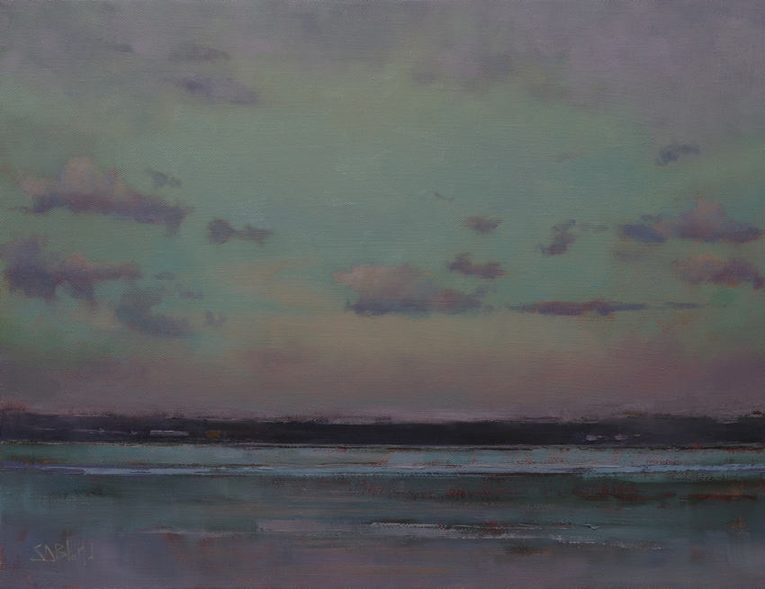 An oil painting of scattered clouds over the ocean. The painting has an overall tonality of dark turquoise blue and suggests that it is after dusk.