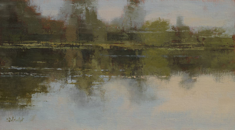 An abstract oil painting of a marshy shoreline by artist Simon Bland. The painting is rendered in muted greens and grays.