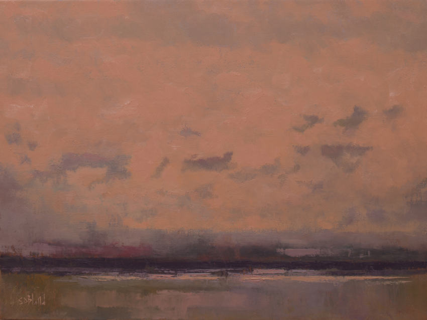 An oil painting of a seascape by artist Simon Bland. The whole painting is done in a red palette, the sea and shoreline which runs across the lower third of the canvas is done in a dark purplish gray. The salmon pink sky is dotted with a patchwork of small clouds.