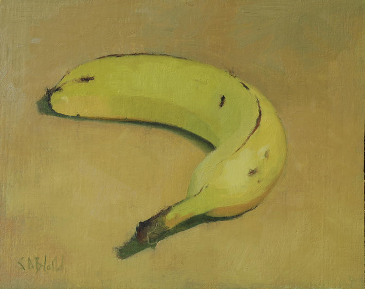 Oil painting of a banana on yellow background by artist Simon Bland