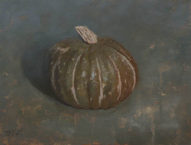 An oil painting of a dark colored pumpkin against a dark greenish brown background. The pumpkin is illuminated by a single light source from above and behind the viewer's right shoulder.
