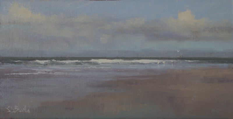 An oil painting of waves on the shore at Crane Beach. The shoreline bisects the painting and there is the suggestion of a flock of seagulls on the right side.