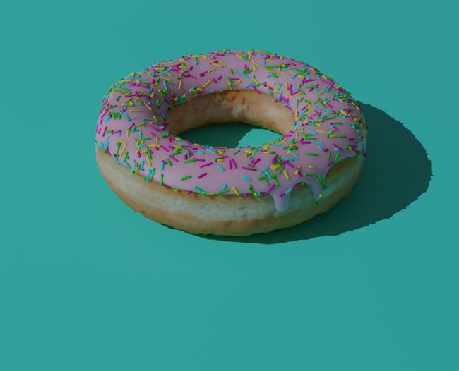 An image of an iced donut rendered in Blender. The donut sits on a blue-green surface.