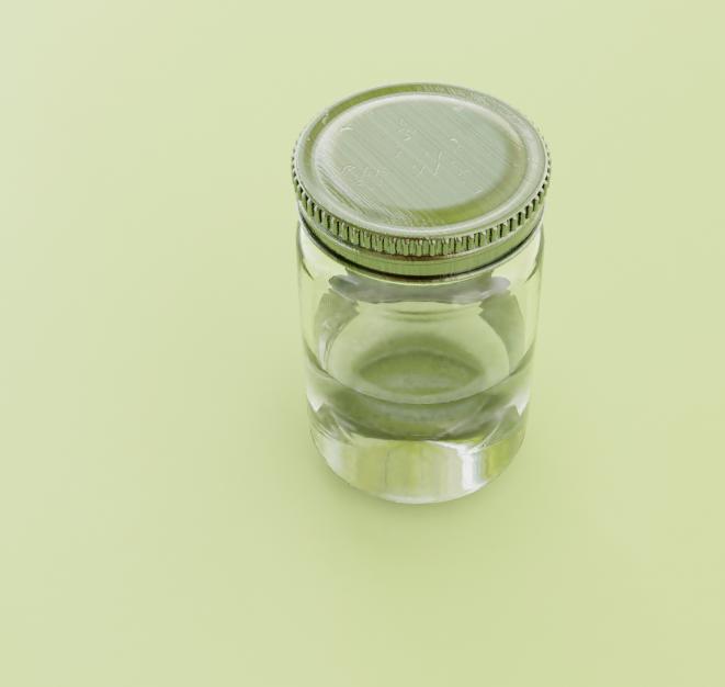 An image of a small Mason jar rendered in Blender. The jar is sitting on a pale treen surface and is indirectly lit by window light.