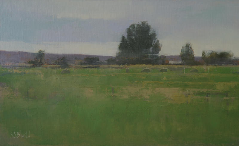An oil painting by Simon Bland of a large green field with broken color containing a few solitary sheep. There is a distant farm building, and a tree line with a single large tree. The upper third of the painting is a backdrop of distant hills and a green/gray sky with an elongated cloud formation.