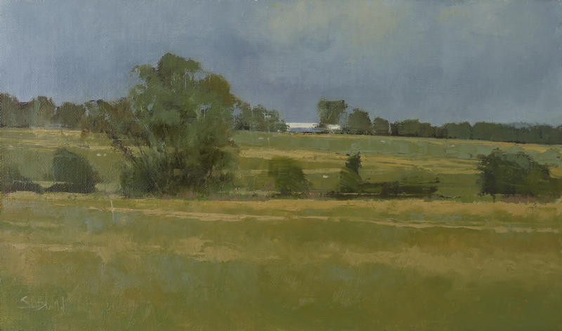 An oil painting by artist Simon Bland of a Leicestershire field. There is a tree line across the lower third of the painting, a field behind that with a few sheep dotted in and a distant horizon with tree line. The sky is rendered as a continuous dark gray.